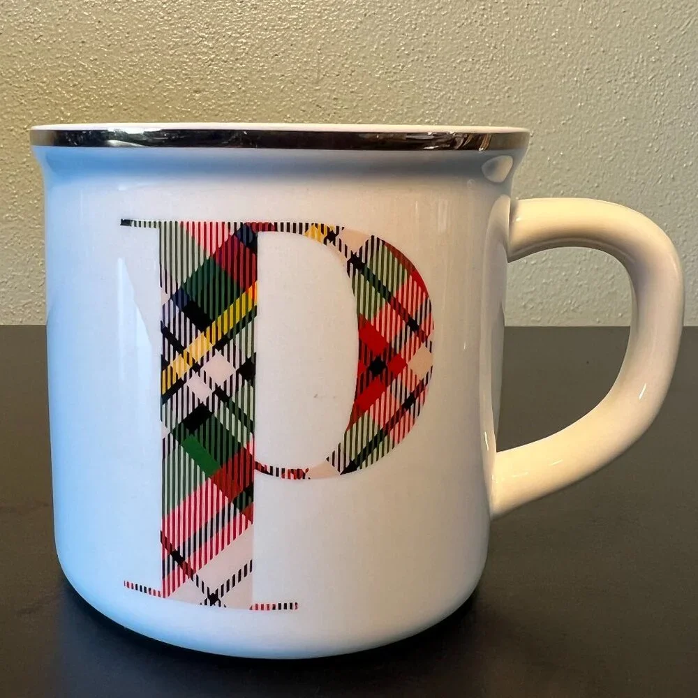 POTTERY BARN Scottish Tartan Plaid Letter P Monogram Initial Ceramic Coffee Mug